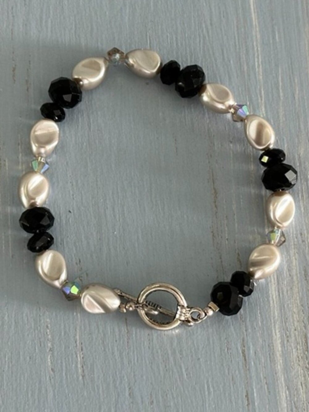 Gorgeous Beaded Toggle Bracelet Black AB Crystal & Silver Gray Pearled Beads